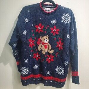 Nutcracker teddybear poinsettias wreath knitted vintage 90s Christmas sweater lg